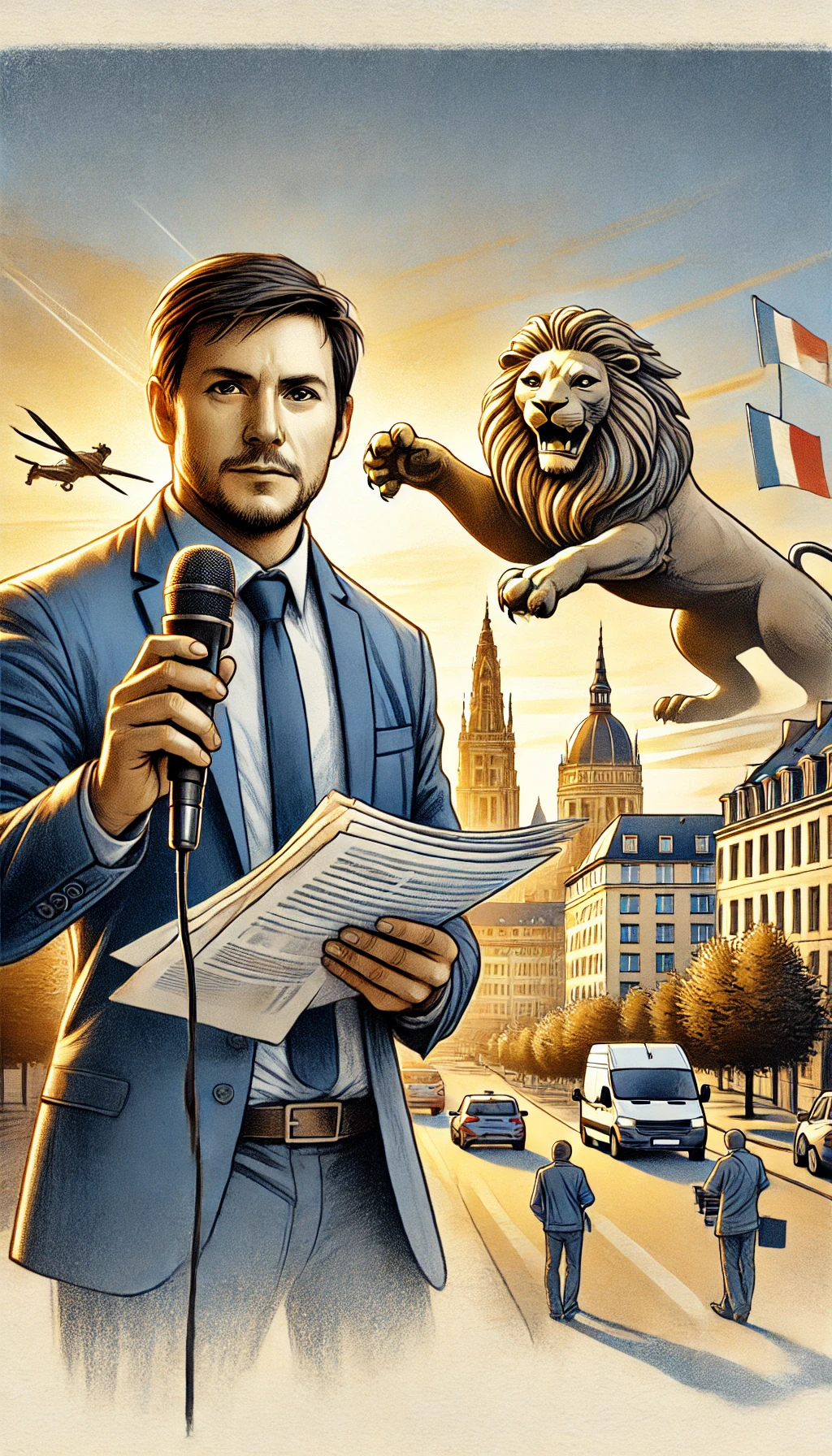DALL·E 2025-01-25 08.28.10 - A portrait illustration representing a journalist actively working in the city of Belfort, holding notes, a microphone, and a camera. In the backgroun