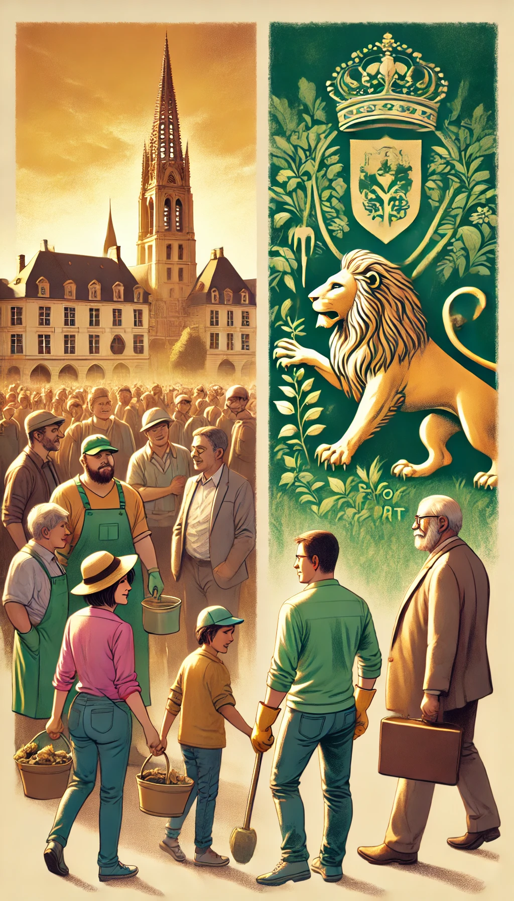 DALL·E 2025-01-25 08.28.12 - A vertical illustration showing citizens of Belfort gathering for a solidarity project, such as planting trees or distributing goods. In the backgroun
