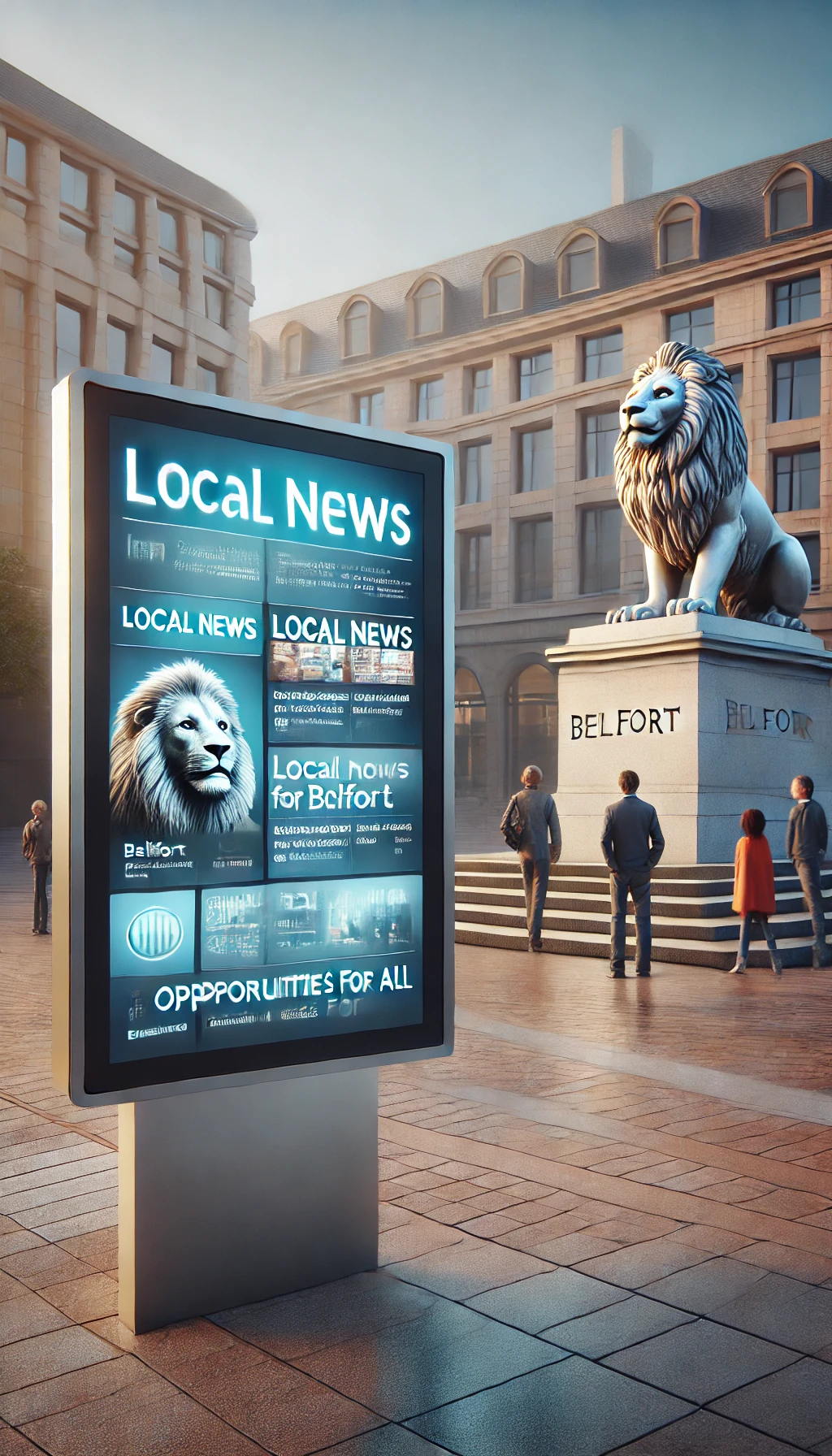 DALL·E 2025-01-25 08.28.16 - A vertical image showing a digital information board in a public square of Belfort. On the screen, positive messages such as 'Local News' and 'Opportu