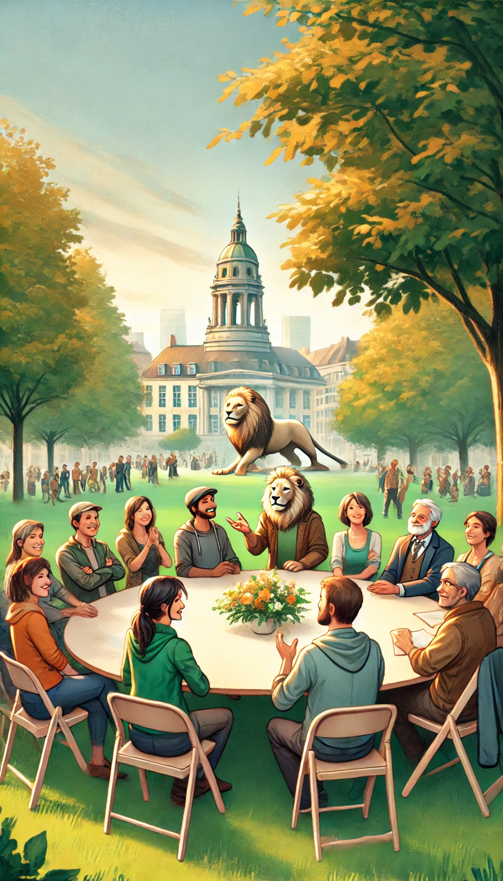 DALL·E 2025-01-25 08.28.19 - A vertical illustration showing a group of citizens of Belfort gathered around a large table in a park, sharing ideas and engaging in discussion. The
