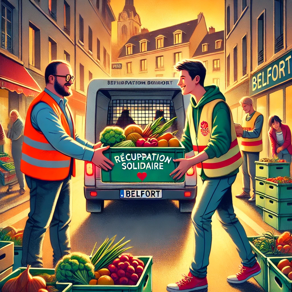 DALL·E 2025-01-28 09.15.36 - A lively urban scene depicting volunteers collecting unsold goods from a store in Belfort. A friendly shopkeeper hands over a crate of fresh fruits an