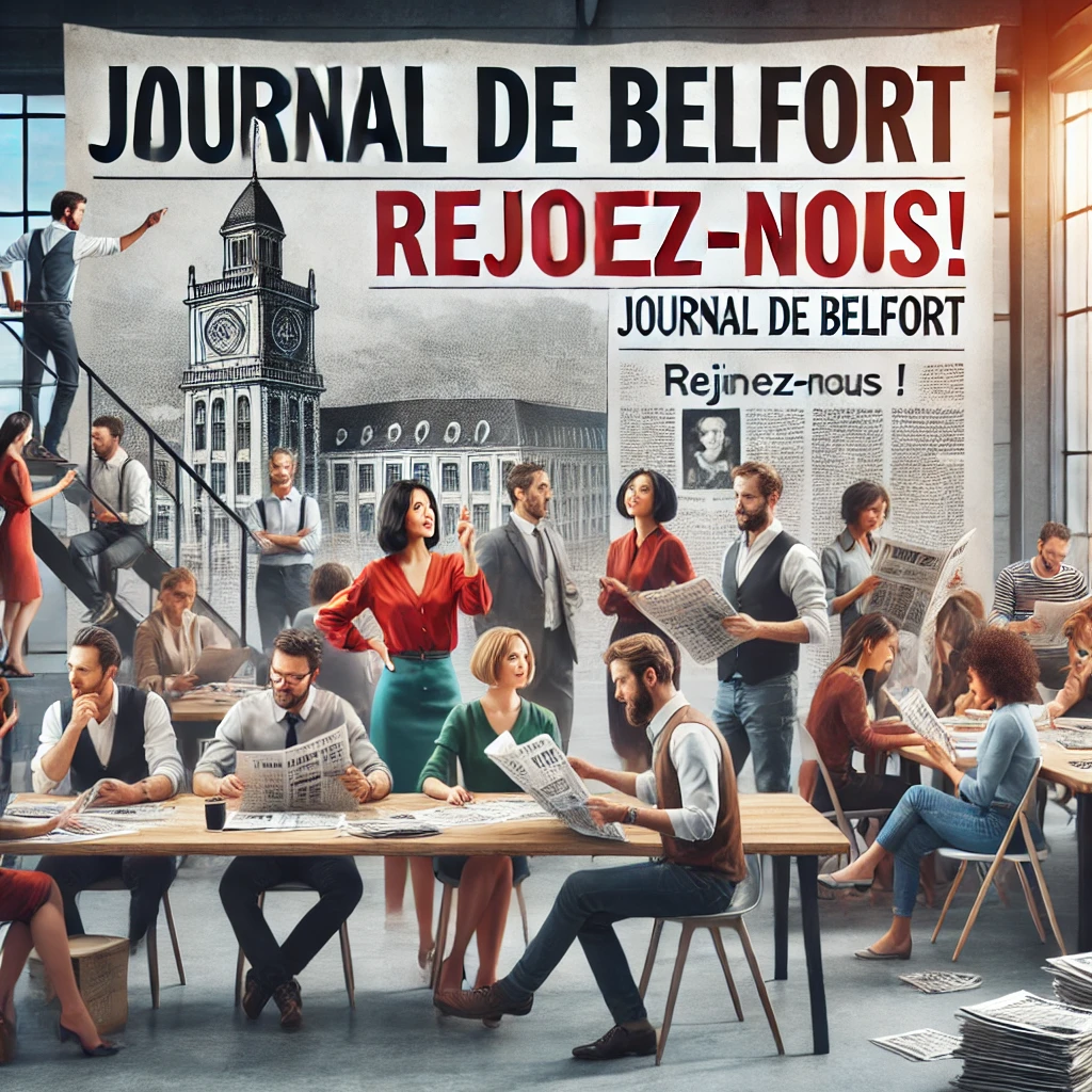 DALL·E 2025-01-28 09.18.50 - A dynamic recruitment scene for a new newspaper in Belfort. Enthusiastic people gather around a table, discussing ideas, reviewing articles, and desig